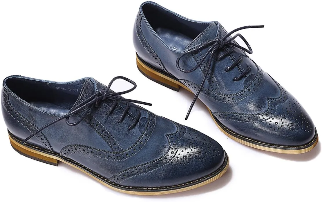 Mona flying Womens Vintage Wingtip Oxfords Ladies Lace up Leather Shoes