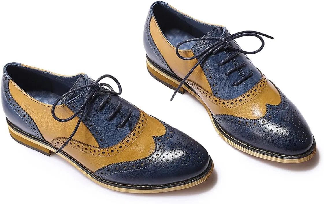 Mona flying Womens Vintage Wingtip Oxfords Ladies Lace up Leather Shoes