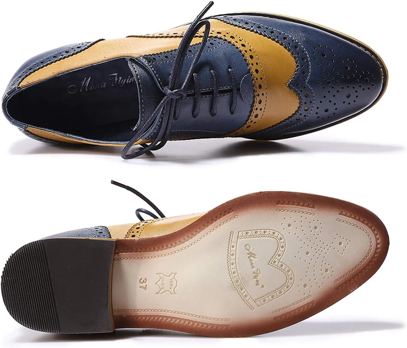 Mona flying Womens Vintage Wingtip Oxfords Ladies Lace up Leather Shoes