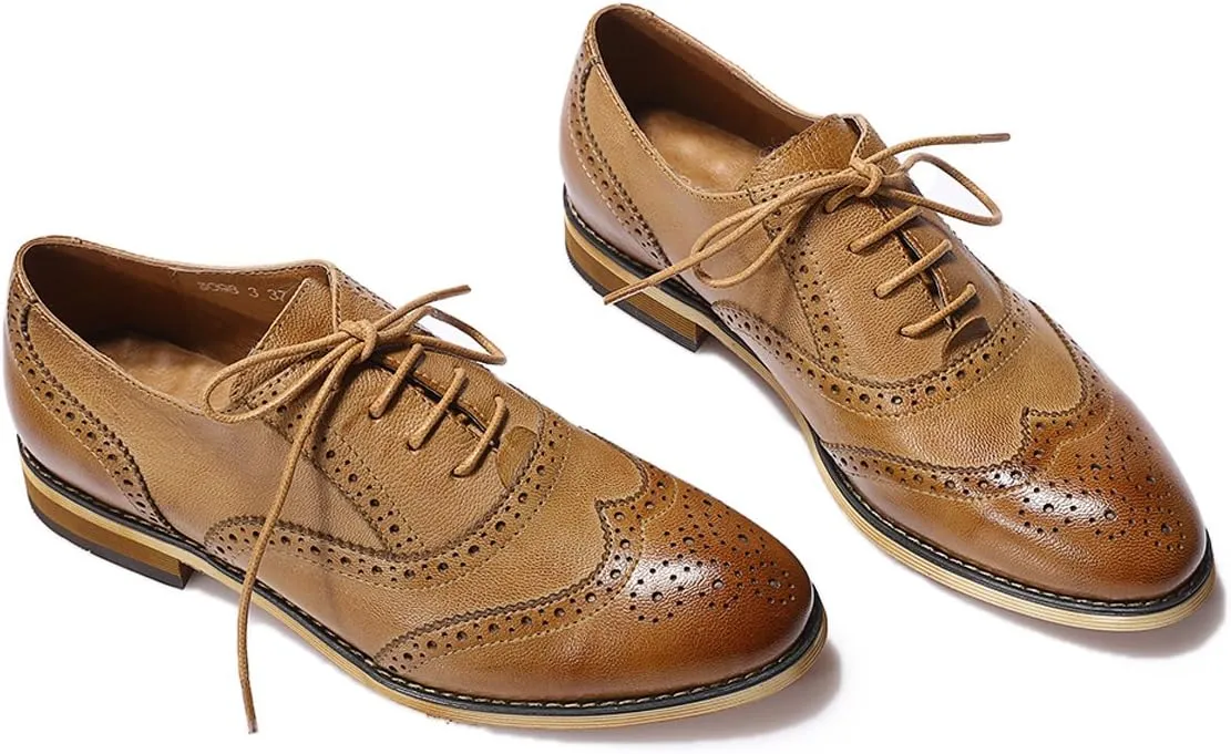 Mona flying Womens Vintage Wingtip Oxfords Ladies Lace up Leather Shoes
