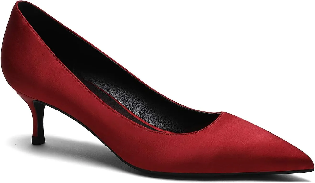 MOOMMO Kitten Heel Pumps Pointed Toe Satin Slip On 2 Inch Mid Heel Dress Shoes Classic Work Pumps for Office Ladies Wedding Bridal Party 4-13 M US