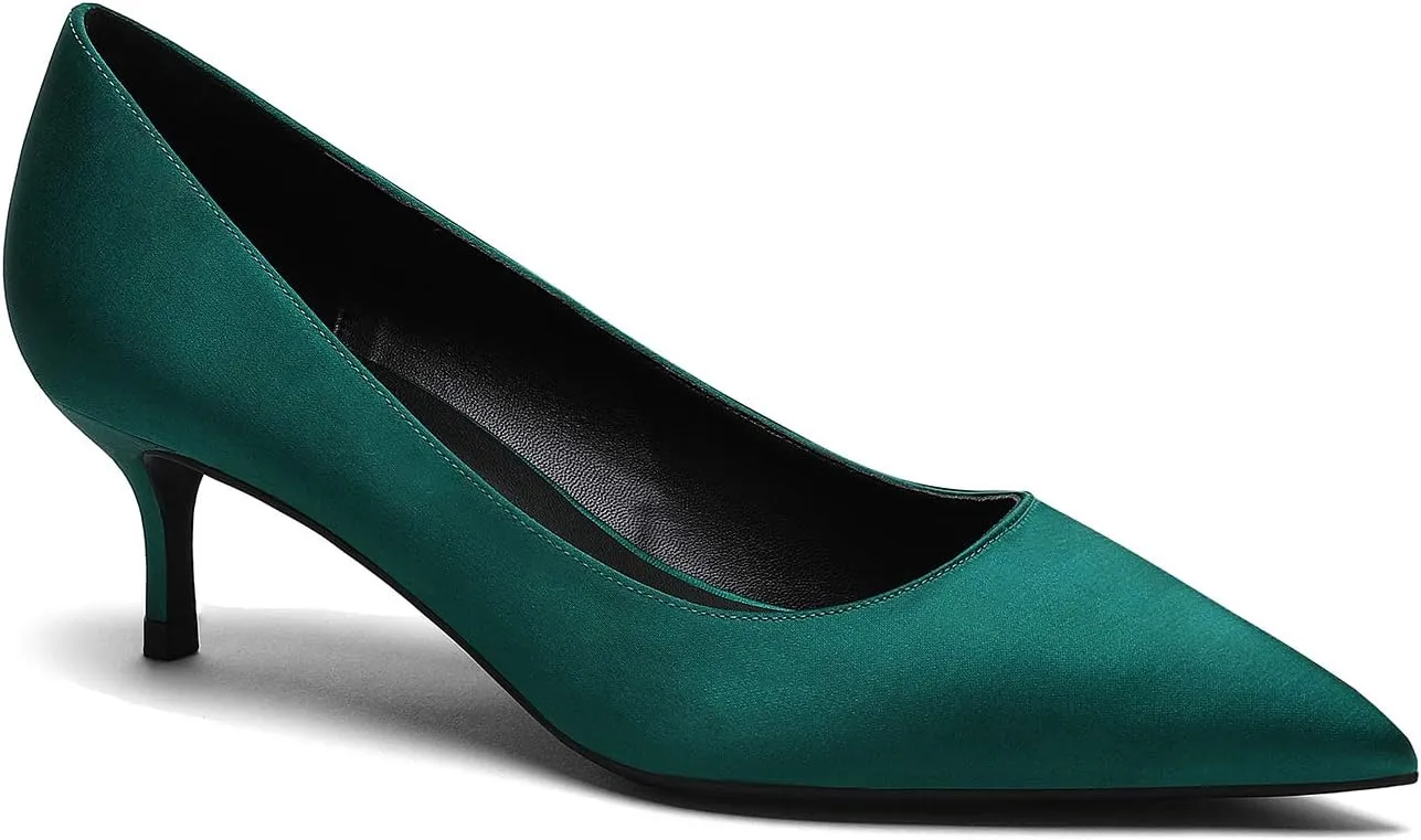 MOOMMO Kitten Heel Pumps Pointed Toe Satin Slip On 2 Inch Mid Heel Dress Shoes Classic Work Pumps for Office Ladies Wedding Bridal Party 4-13 M US