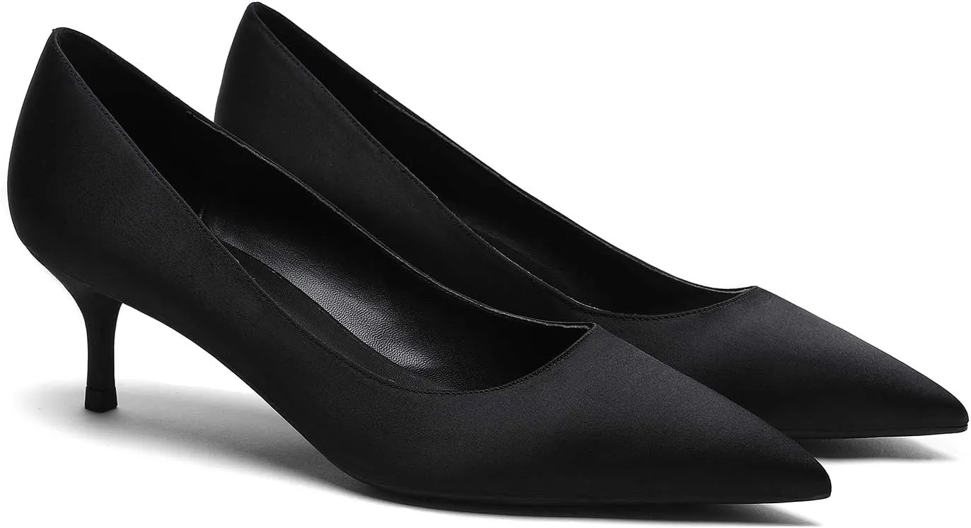 MOOMMO Kitten Heel Pumps Pointed Toe Satin Slip On 2 Inch Mid Heel Dress Shoes Classic Work Pumps for Office Ladies Wedding Bridal Party 4-13 M US