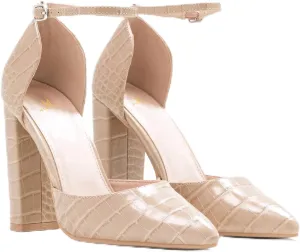 MOOMMO Women Pointed Toe Chunky Pumps Ankle Strap High Heel Summer Sandals 4 Inch Block Heel Crocodile Pattern Closed Toe Buckle Fashion Wedding Office Dress Comfortable Shoes Size 4-13 M US