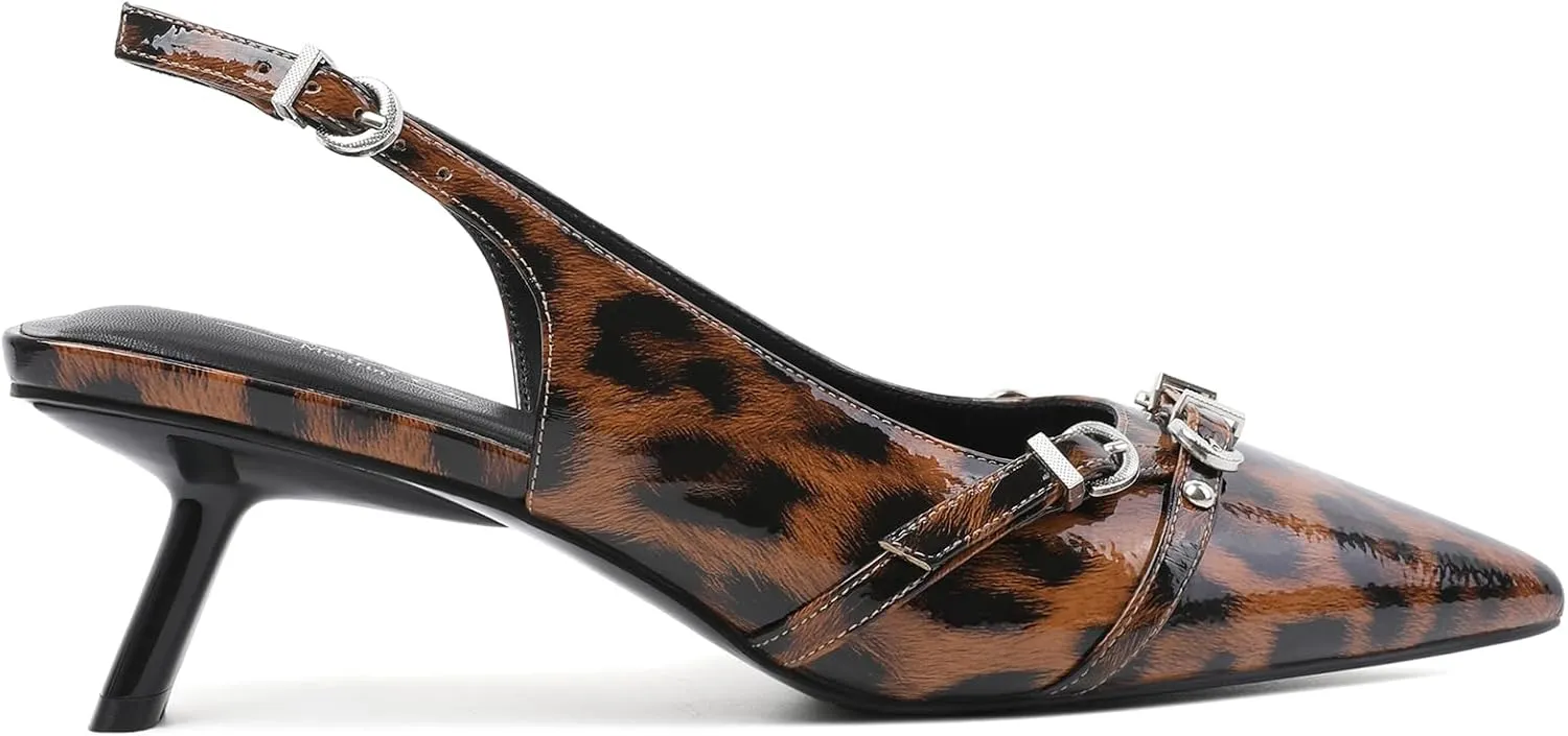 Mostrin Kitten Heels for Women Pointed Toe Pumps Patent Leather Low Heel Slingback Heels with Buckle Dress Shoes for Dating Party Working
