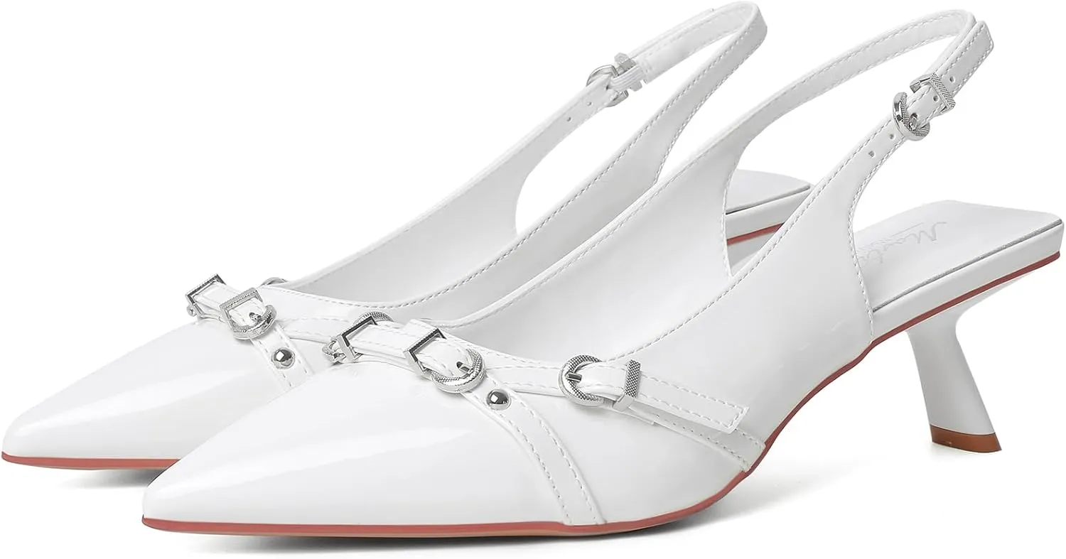 Mostrin Kitten Heels for Women Pointed Toe Pumps Patent Leather Low Heel Slingback Heels with Buckle Dress Shoes for Dating Party Working