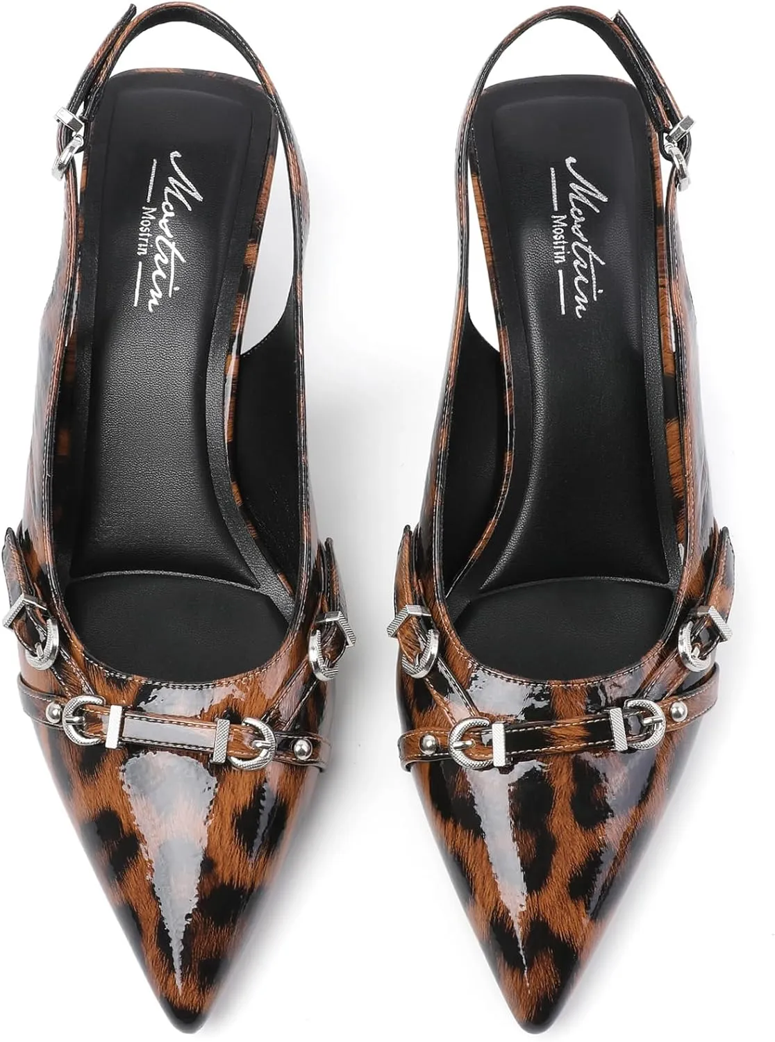 Mostrin Kitten Heels for Women Pointed Toe Pumps Patent Leather Low Heel Slingback Heels with Buckle Dress Shoes for Dating Party Working