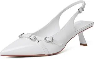 Mostrin Kitten Heels for Women Pointed Toe Pumps Patent Leather Low Heel Slingback Heels with Buckle Dress Shoes for Dating Party Working