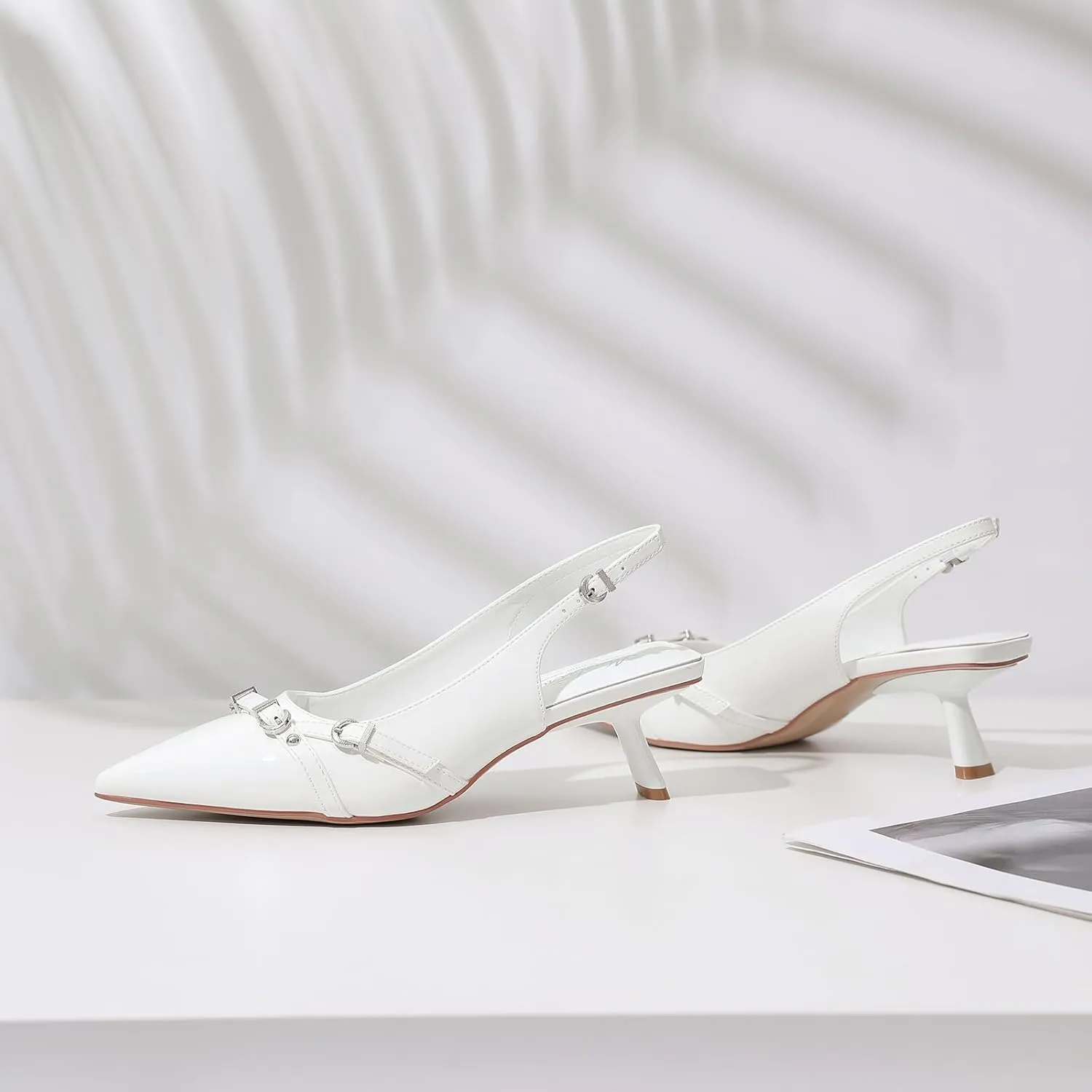Mostrin Kitten Heels for Women Pointed Toe Pumps Patent Leather Low Heel Slingback Heels with Buckle Dress Shoes for Dating Party Working