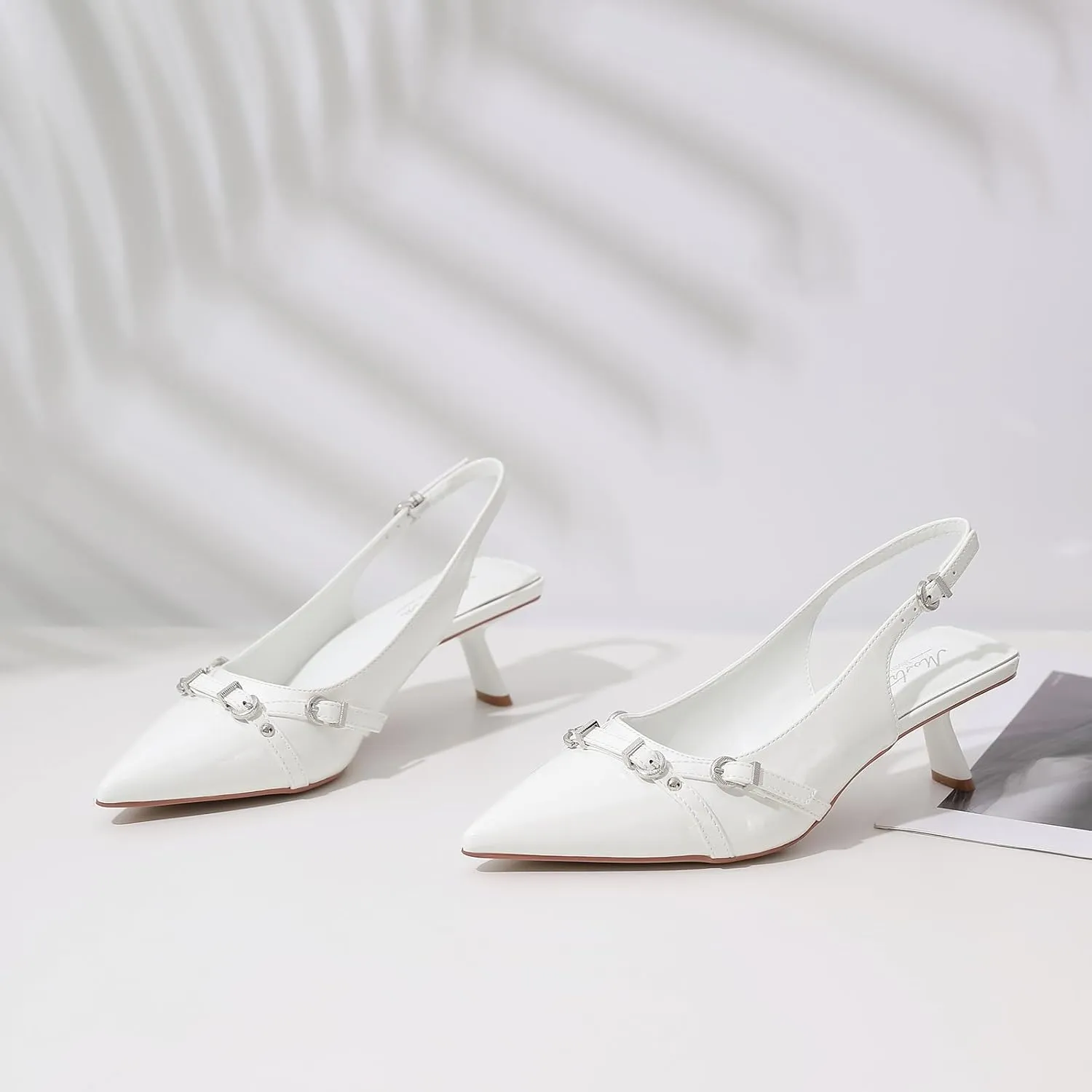 Mostrin Kitten Heels for Women Pointed Toe Pumps Patent Leather Low Heel Slingback Heels with Buckle Dress Shoes for Dating Party Working