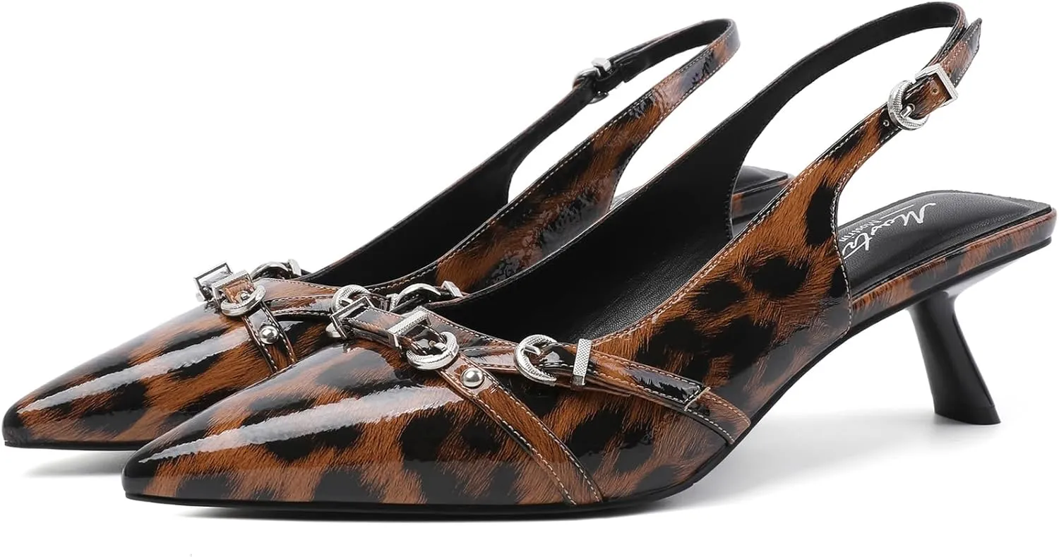 Mostrin Kitten Heels for Women Pointed Toe Pumps Patent Leather Low Heel Slingback Heels with Buckle Dress Shoes for Dating Party Working