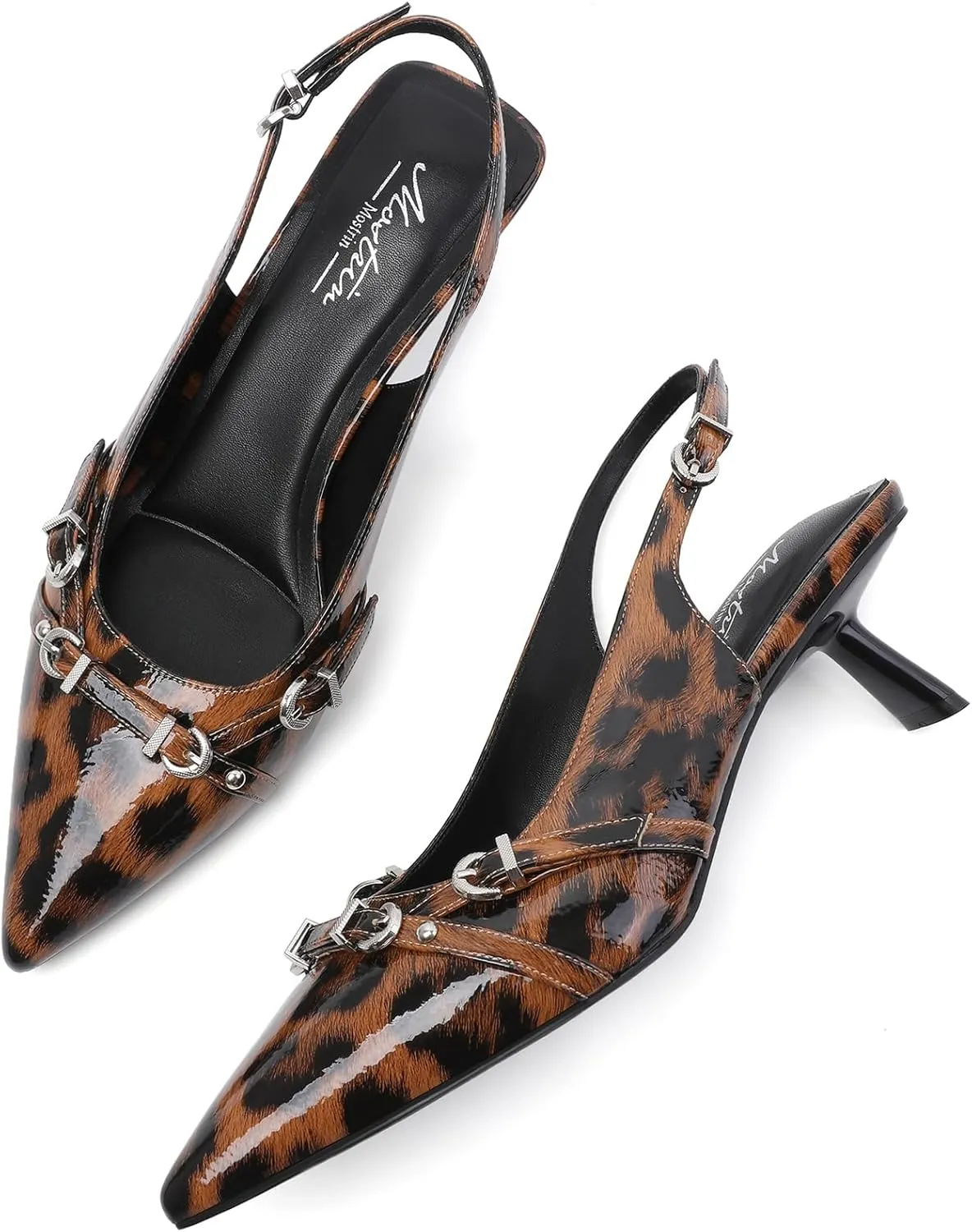 Mostrin Kitten Heels for Women Pointed Toe Pumps Patent Leather Low Heel Slingback Heels with Buckle Dress Shoes for Dating Party Working