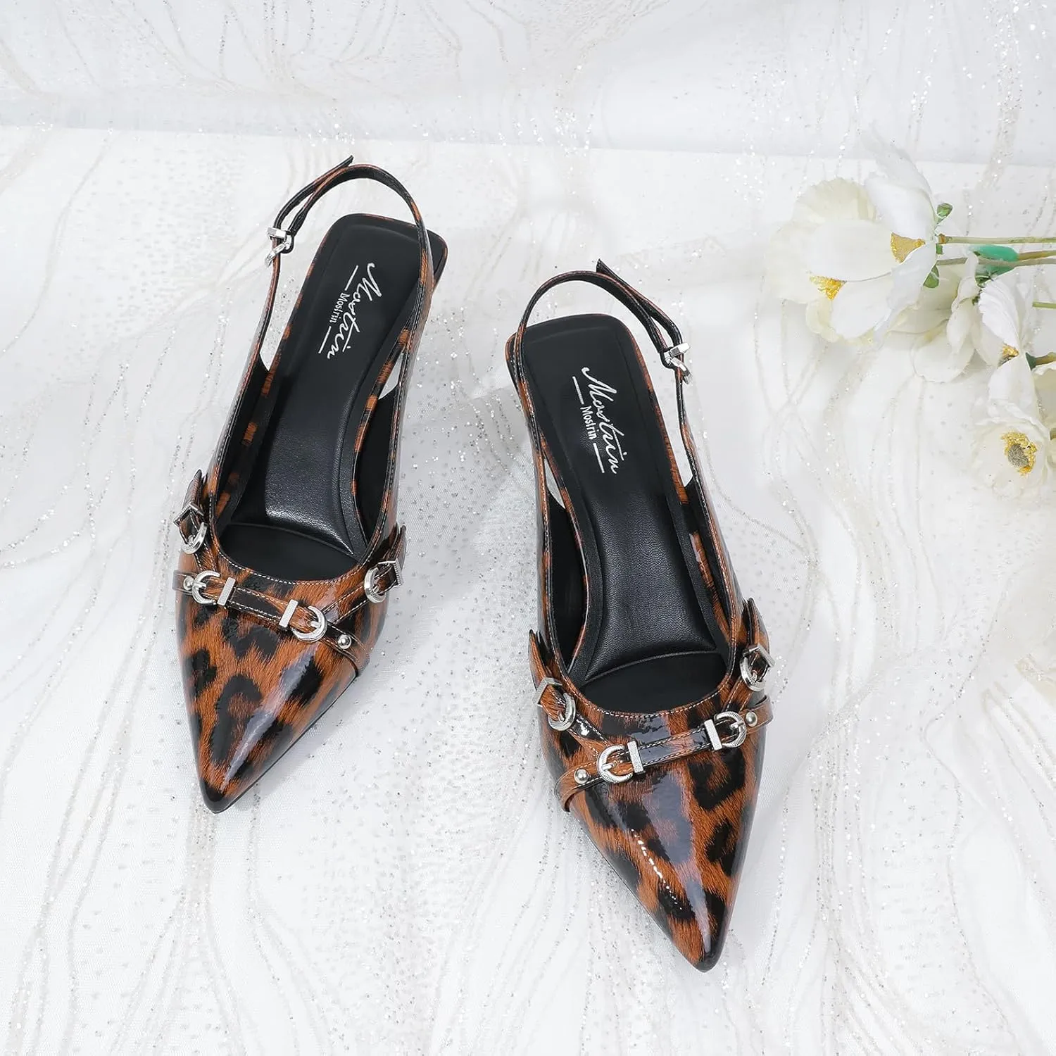 Mostrin Kitten Heels for Women Pointed Toe Pumps Patent Leather Low Heel Slingback Heels with Buckle Dress Shoes for Dating Party Working