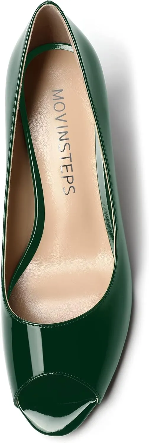 MOVINSTEPS Womens Peep Toe Dating Dress Patent Slip On Open Toe Stiletto Mid Heel Pumps Shoes 2.5 Inch