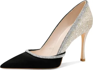 MSONLYDN Women's High Heels Pointed Toe Stiletto Heeled Rhinestone Satin Prom Dress Wedding Bridal Party Pumps