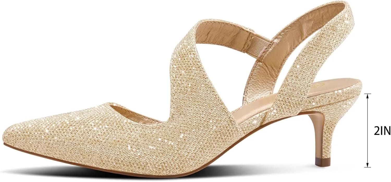 mysoft Women's Pumps 2 inch Low Heel Pointed Toe Slingback Wedding Party Dress Shoes