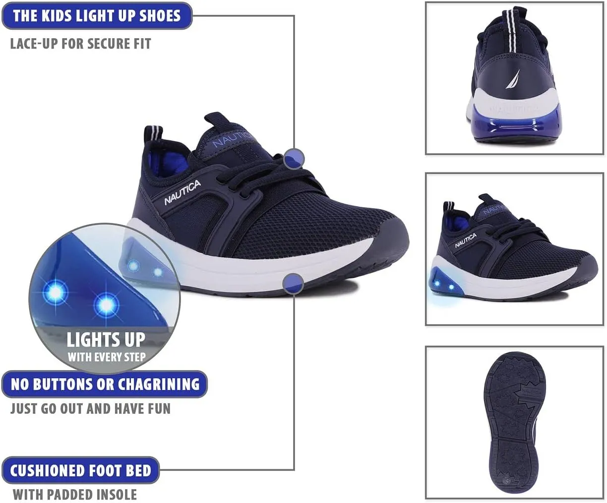 Nautica Kids Light Up Flashing Sneaker Athletic Running Shoes Lace-Up/Bungee/Slip-on |Boy - Girl|(Little Kid/Big Kid) Kappil Parks Neave Lights