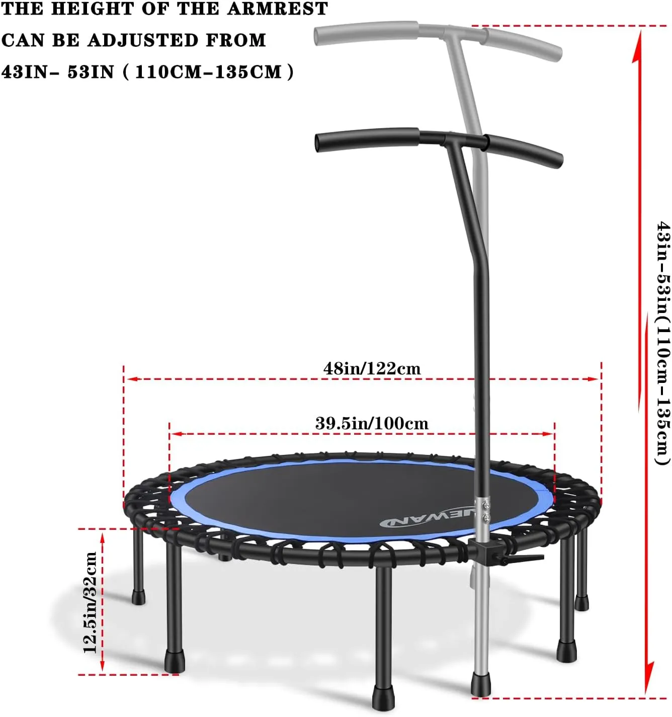 Newan 40"-48" Silent Mini Trampoline Fitness Trampoline Bungee Rebounder Jumping Cardio Trainer Workout for Adults-Max Limit 330lbs