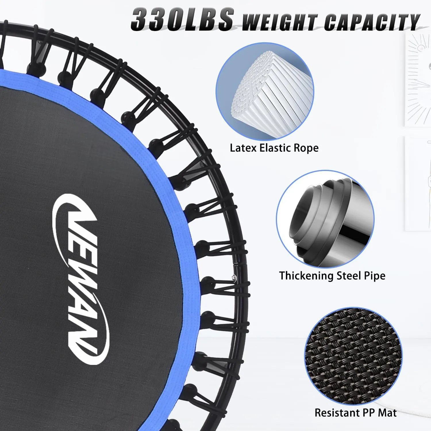 Newan 40"-48" Silent Mini Trampoline Fitness Trampoline Bungee Rebounder Jumping Cardio Trainer Workout for Adults-Max Limit 330lbs