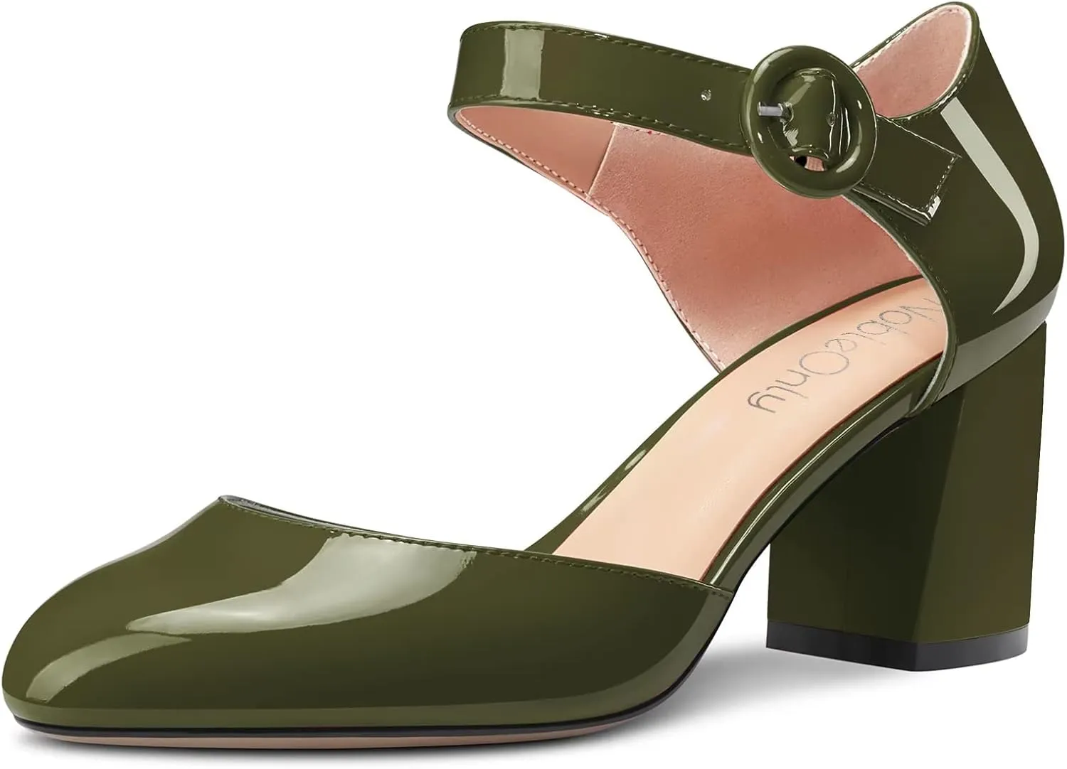 NobleOnly Women Mid Chunky Block Heel Round Toe Buckle Two-Piece Pumps Cute Dress Party Shoes 2.6 Inches Heels