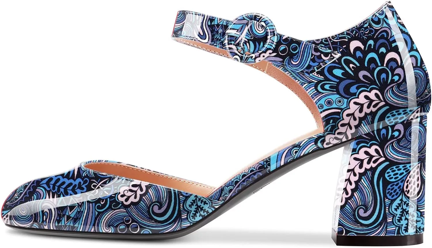 NobleOnly Women Mid Chunky Block Heel Round Toe Buckle Two-Piece Pumps Cute Dress Party Shoes 2.6 Inches Heels