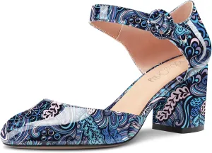 NobleOnly Women Mid Chunky Block Heel Round Toe Buckle Two-Piece Pumps Cute Dress Party Shoes 2.6 Inches Heels