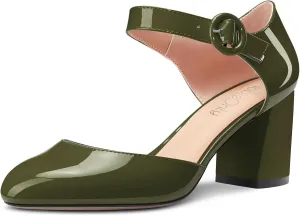 NobleOnly Women Mid Chunky Block Heel Round Toe Buckle Two-Piece Pumps Cute Dress Party Shoes 2.6 Inches Heels