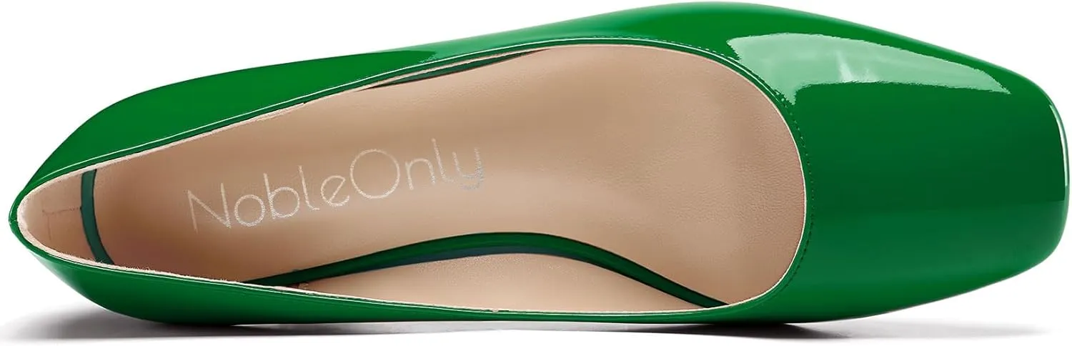 NobleOnly Womens Mid Wedge Heel Close Square Toe Slip-on Patent Leather Pumps Casual Office Dress Basic Classic Shoes 2.0 Inches Heels
