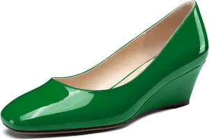 NobleOnly Womens Mid Wedge Heel Close Square Toe Slip-on Patent Leather Pumps Casual Office Dress Basic Classic Shoes 2.0 Inches Heels