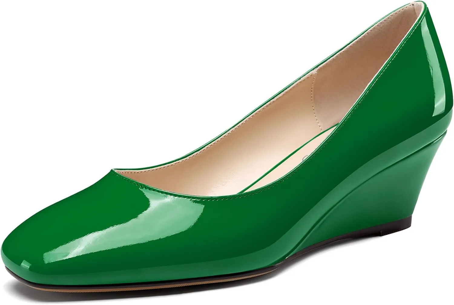 NobleOnly Womens Mid Wedge Heel Close Square Toe Slip-on Patent Leather Pumps Casual Office Dress Basic Classic Shoes 2.0 Inches Heels