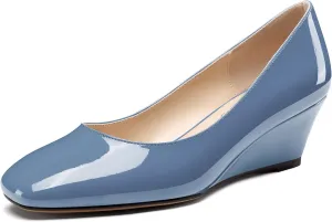 NobleOnly Womens Mid Wedge Heel Close Square Toe Slip-on Patent Leather Pumps Casual Office Dress Basic Classic Shoes 2.0 Inches Heels