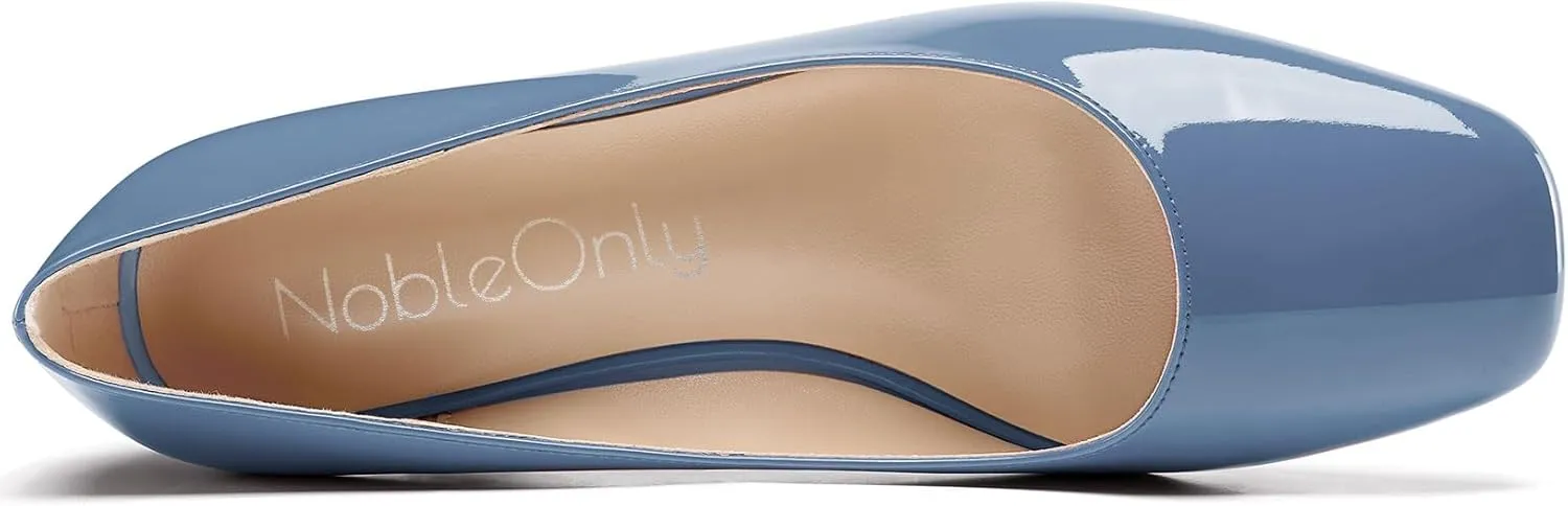 NobleOnly Womens Mid Wedge Heel Close Square Toe Slip-on Patent Leather Pumps Casual Office Dress Basic Classic Shoes 2.0 Inches Heels