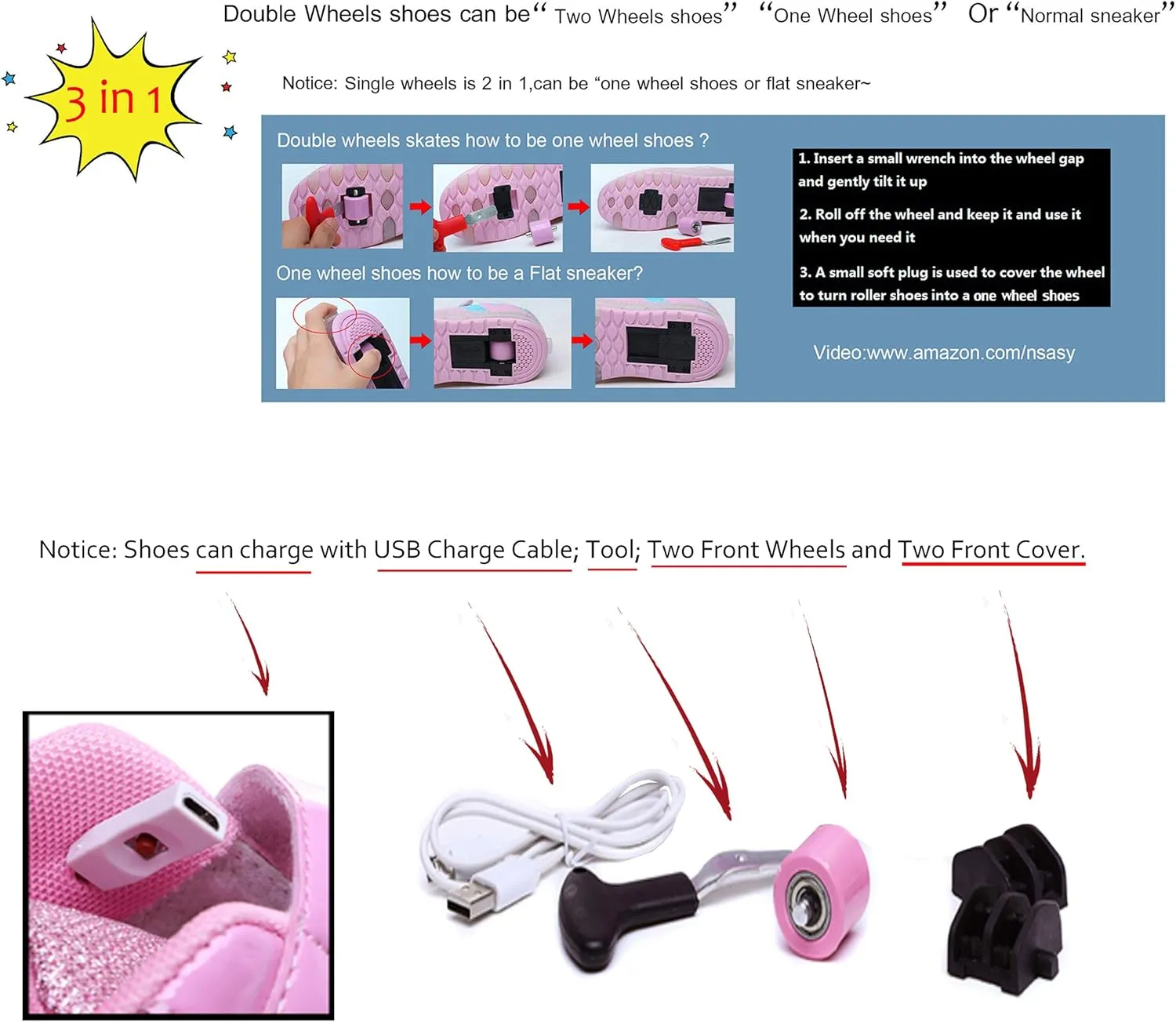 Nsasy Kids Roller Shoes Boy Girl Sneakers with Wheels Become Sport Sneaker with Led for Christmas Birthday Children Show Gift