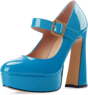 Oh Mispares Women's Chunky Heel Mary Jane Pumps Closed Toe Thick Sole Platform Adjustable Ankle Strap Block High Heeled Pumps Patent Dress Casual Wedding Heels 5 Inch