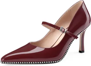 Oh Mispares Women's High Heel Beaded Pumps Stiletto High Heels Pointed Toe Mary Jane Pumps Slip On Sexy Heeled Dress Shoes with Buckle Strap Patent Leather 3.5 Inch