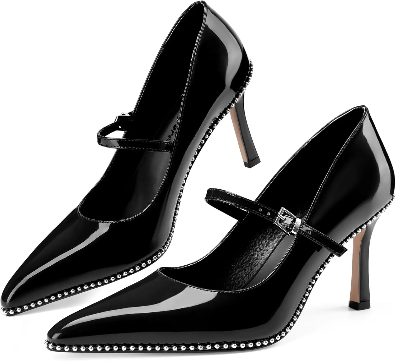 Oh Mispares Women's High Heel Beaded Pumps Stiletto High Heels Pointed Toe Mary Jane Pumps Slip On Sexy Heeled Dress Shoes with Buckle Strap Patent Leather 3.5 Inch