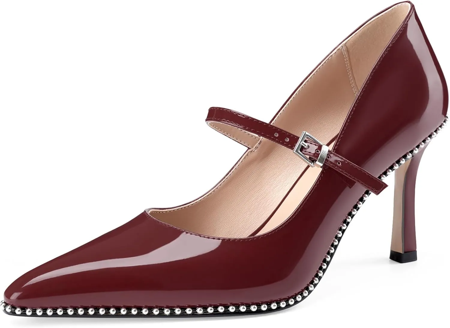 Oh Mispares Women's High Heel Beaded Pumps Stiletto High Heels Pointed Toe Mary Jane Pumps Slip On Sexy Heeled Dress Shoes with Buckle Strap Patent Leather 3.5 Inch