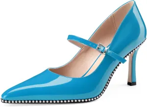 Oh Mispares Women's High Heel Beaded Pumps Stiletto High Heels Pointed Toe Mary Jane Pumps Slip On Sexy Heeled Dress Shoes with Buckle Strap Patent Leather 3.5 Inch