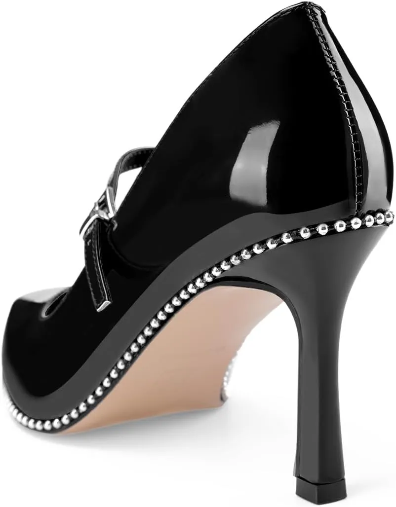 Oh Mispares Women's High Heel Beaded Pumps Stiletto High Heels Pointed Toe Mary Jane Pumps Slip On Sexy Heeled Dress Shoes with Buckle Strap Patent Leather 3.5 Inch