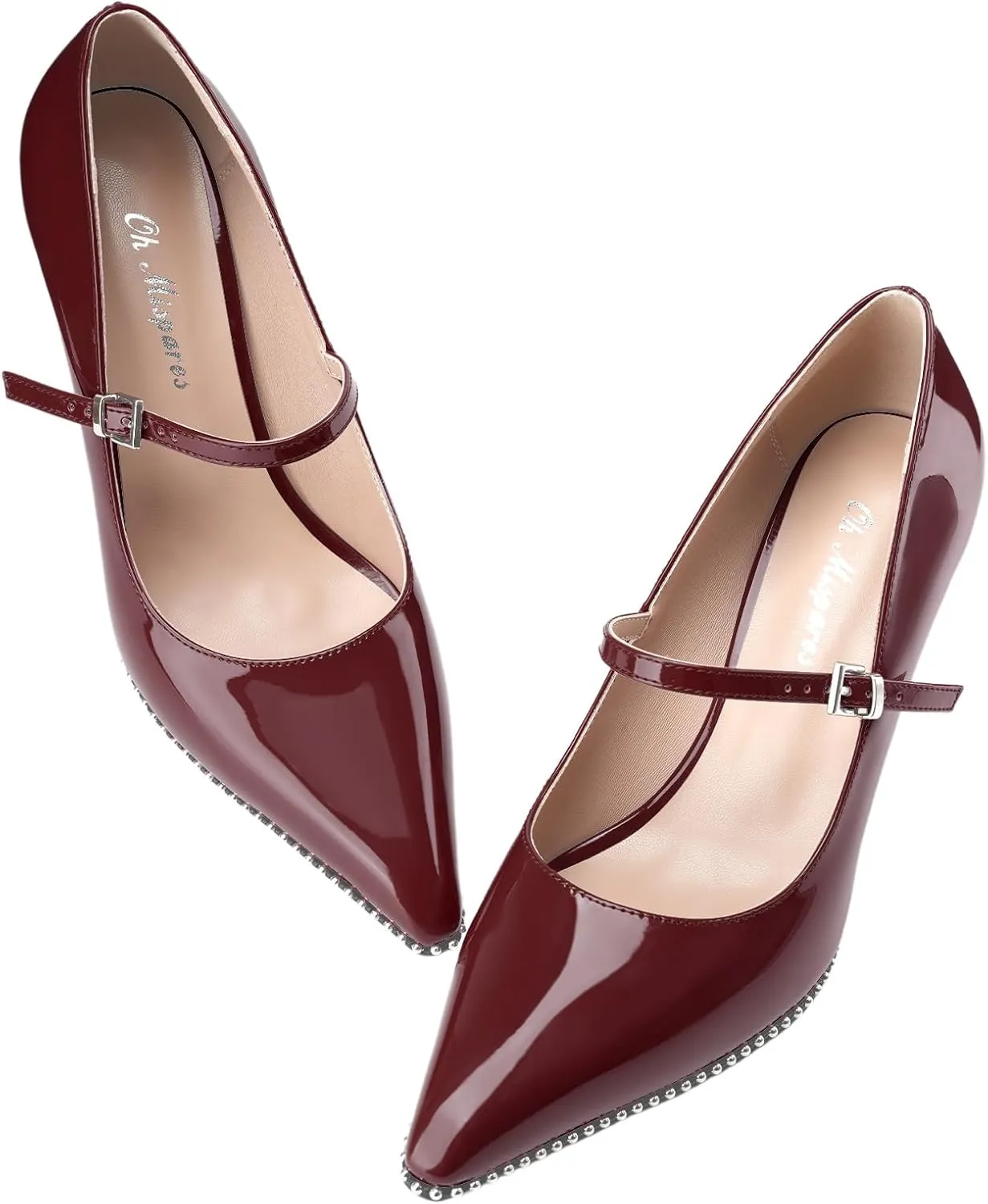 Oh Mispares Women's High Heel Beaded Pumps Stiletto High Heels Pointed Toe Mary Jane Pumps Slip On Sexy Heeled Dress Shoes with Buckle Strap Patent Leather 3.5 Inch