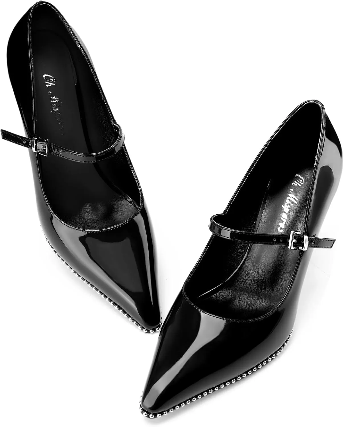 Oh Mispares Women's High Heel Beaded Pumps Stiletto High Heels Pointed Toe Mary Jane Pumps Slip On Sexy Heeled Dress Shoes with Buckle Strap Patent Leather 3.5 Inch
