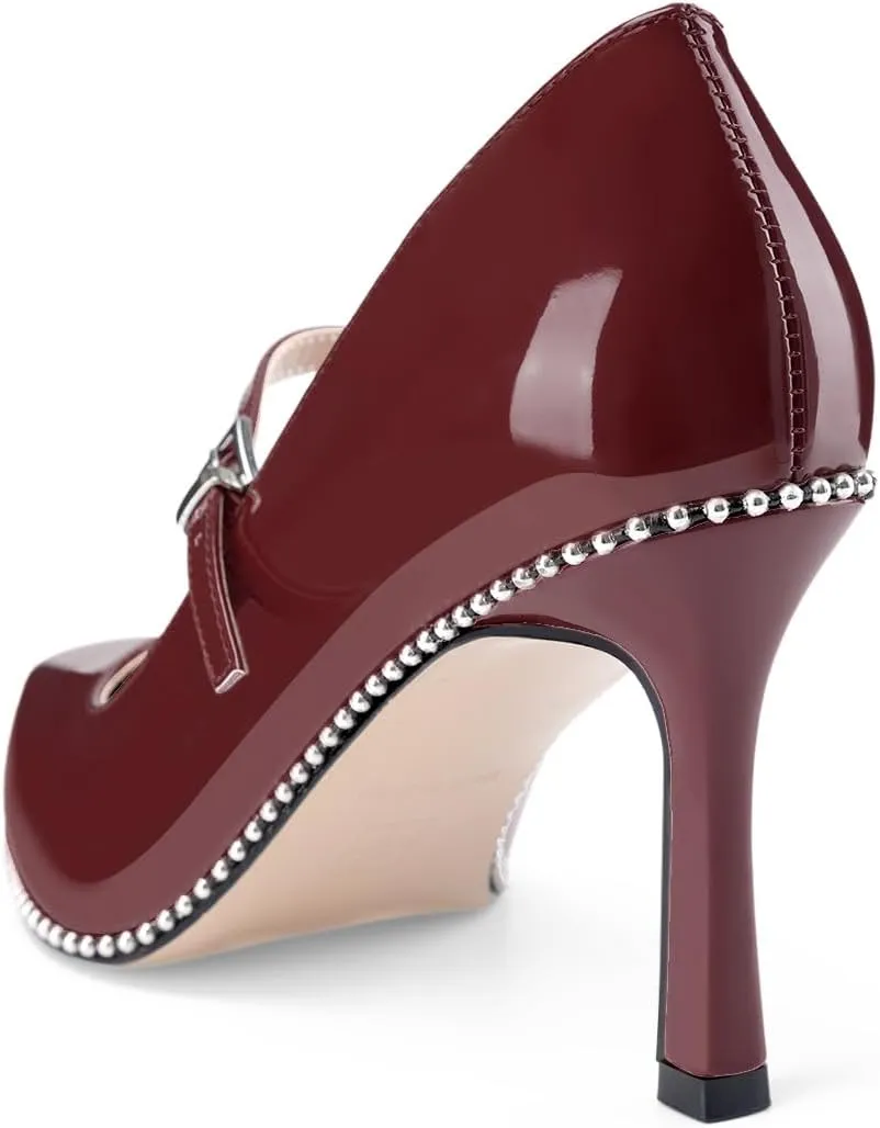 Oh Mispares Women's High Heel Beaded Pumps Stiletto High Heels Pointed Toe Mary Jane Pumps Slip On Sexy Heeled Dress Shoes with Buckle Strap Patent Leather 3.5 Inch