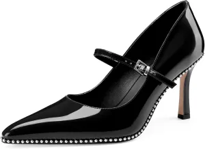 Oh Mispares Women's High Heel Beaded Pumps Stiletto High Heels Pointed Toe Mary Jane Pumps Slip On Sexy Heeled Dress Shoes with Buckle Strap Patent Leather 3.5 Inch