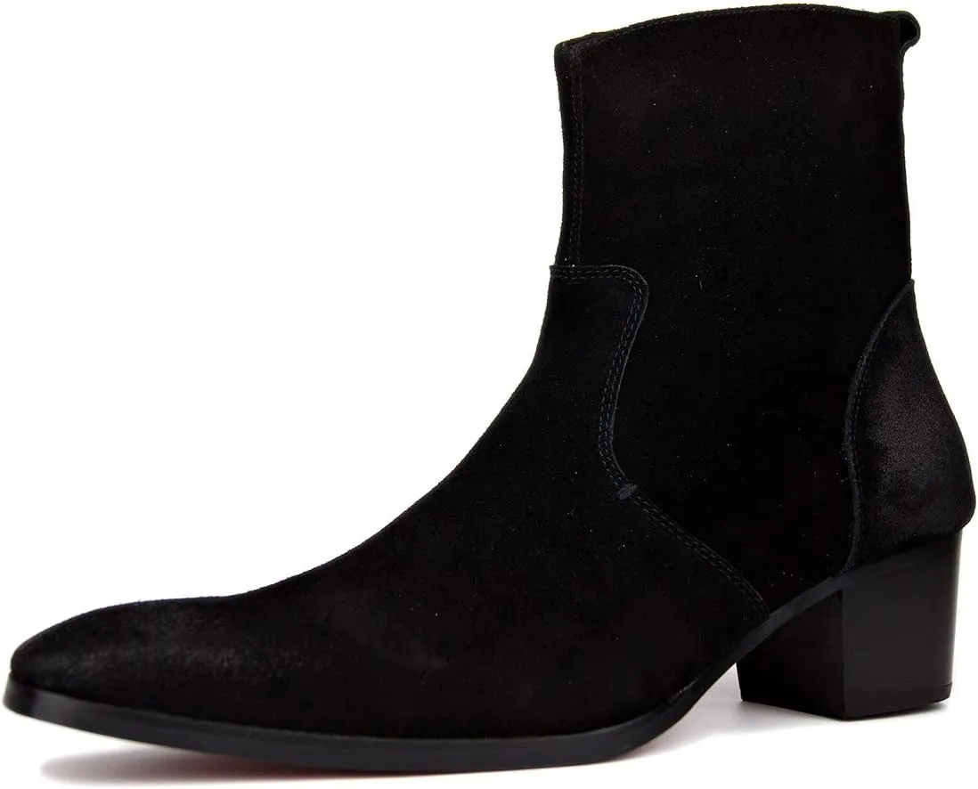 OSSTONE Dress Boot for Men Leather Chukka Designer Boots Calfskin Casual Heel Shoes Footwear Zipper-up OS-JY002-Black-Calfskin-US