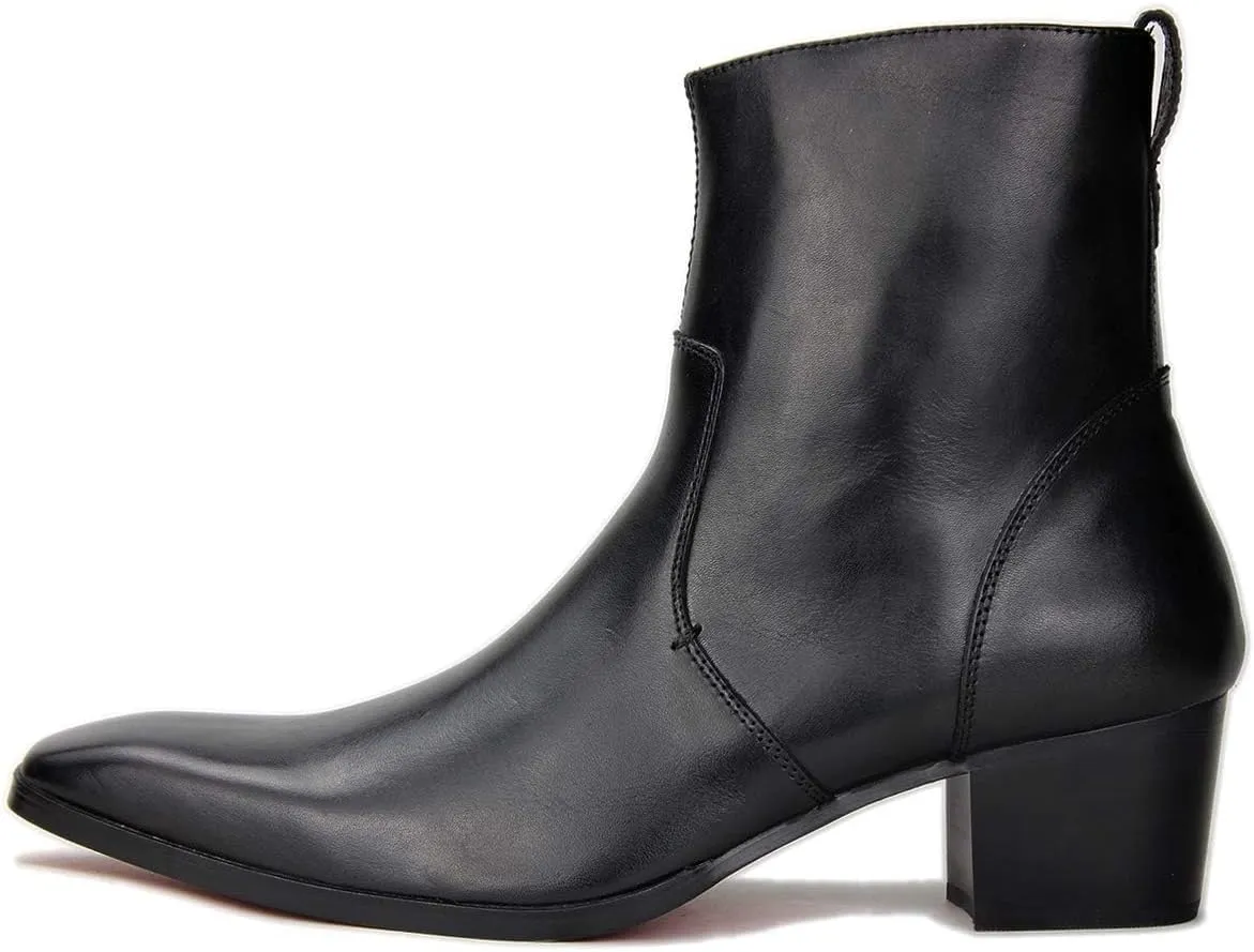 OSSTONE Dress Boot for Men Leather Chukka Designer Boots Calfskin Casual Heel Shoes Footwear Zipper-up OS-JY002-Black-Calfskin-US