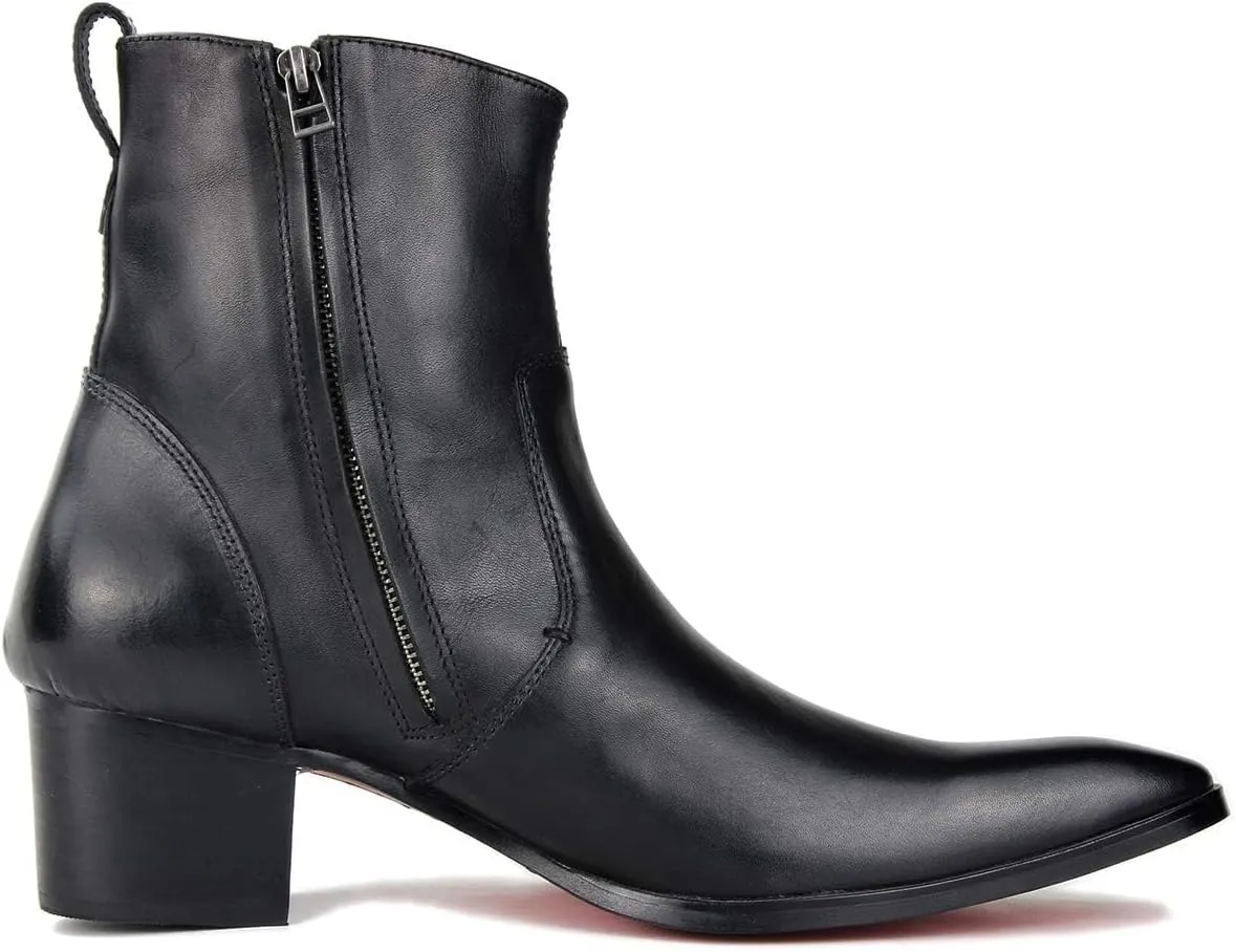 OSSTONE Dress Boot for Men Leather Chukka Designer Boots Calfskin Casual Heel Shoes Footwear Zipper-up OS-JY002-Black-Calfskin-US