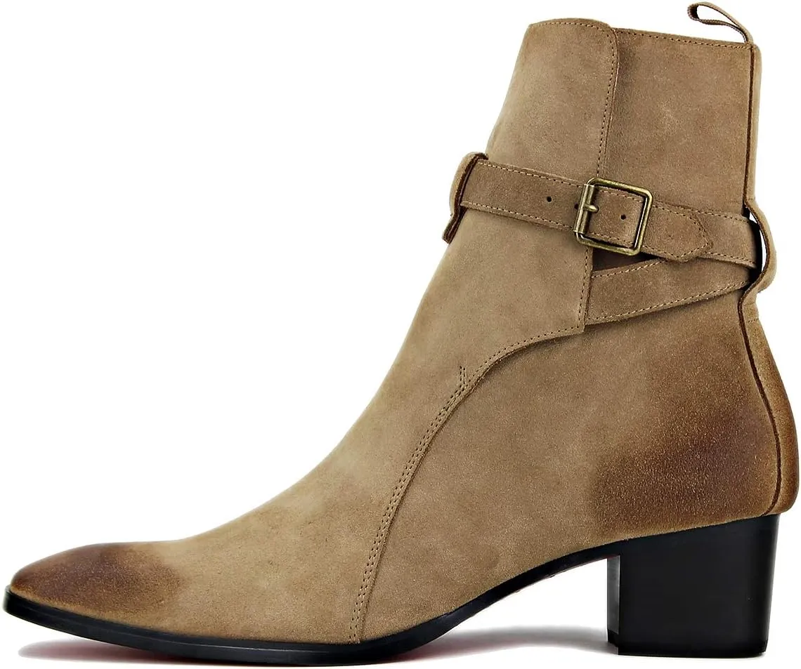 OSSTONE Dress Boot for Men Leather Chukka Designer Boots Casual Heel Shoes Buckle JY005