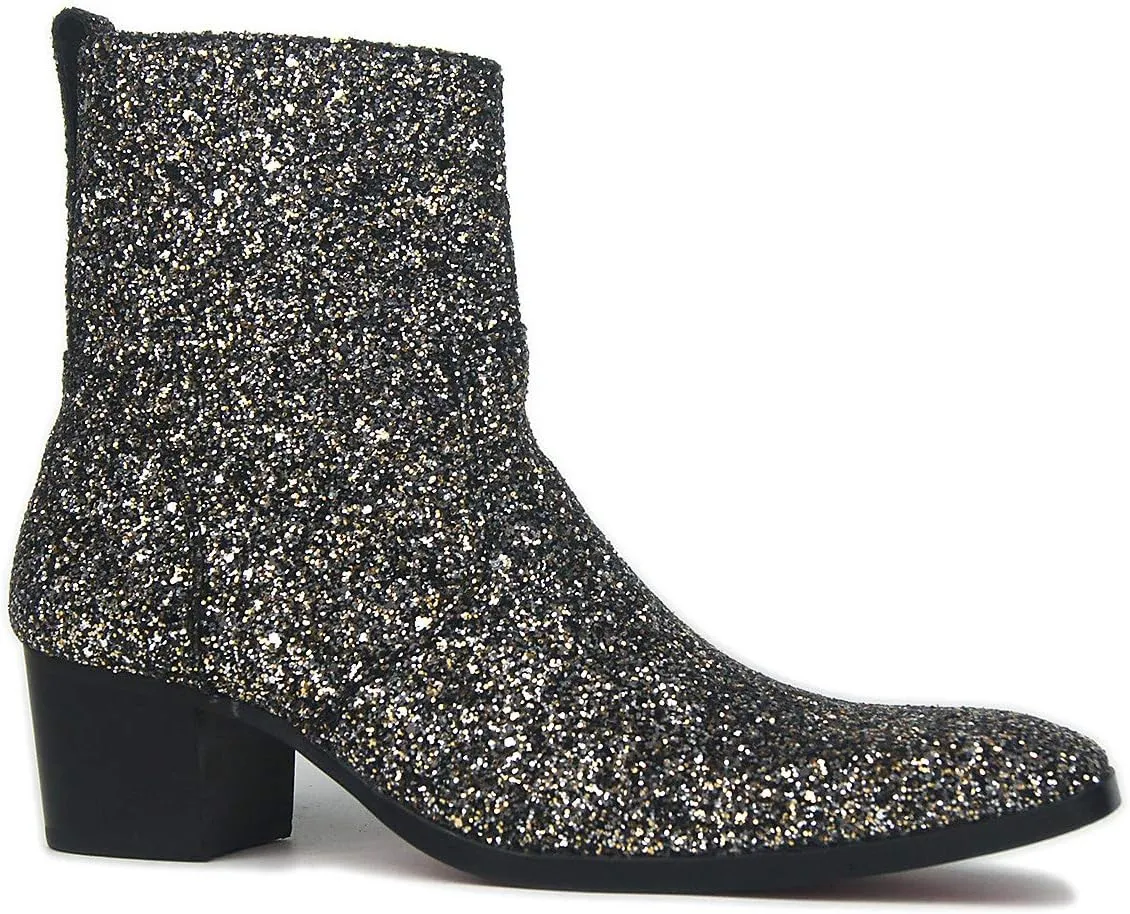 OSSTONE Dress Boot for Men Leather Glitter Chukka Designer Boots Casual Heel Shoes Zipper-up