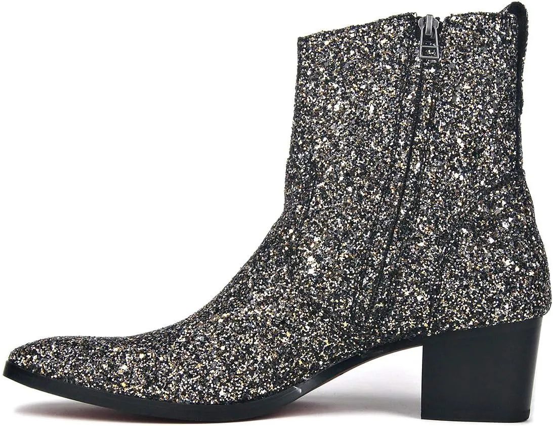 OSSTONE Dress Boot for Men Leather Glitter Chukka Designer Boots Casual Heel Shoes Zipper-up