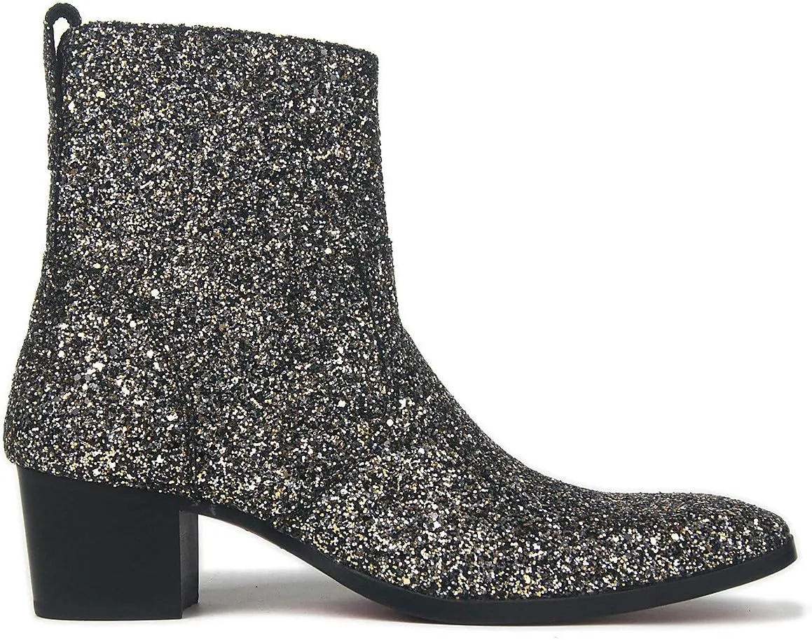 OSSTONE Dress Boot for Men Leather Glitter Chukka Designer Boots Casual Heel Shoes Zipper-up